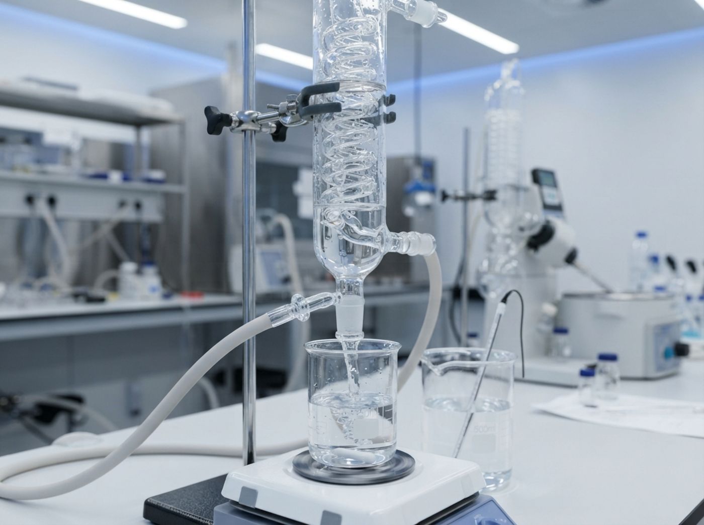 Montaje de destilación en vidrio de laboratorio con condensador y matraz